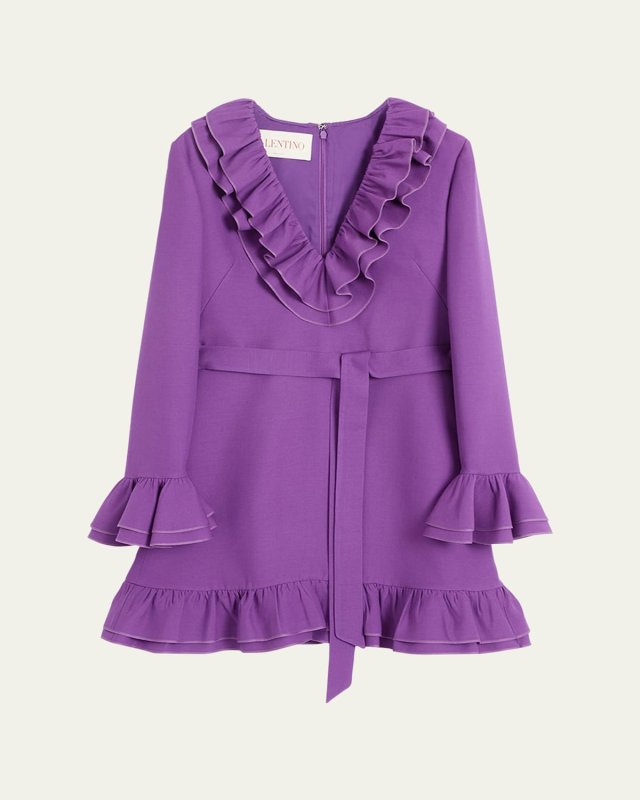 Tiered Ruffle V-Neck Wool Mini Dress